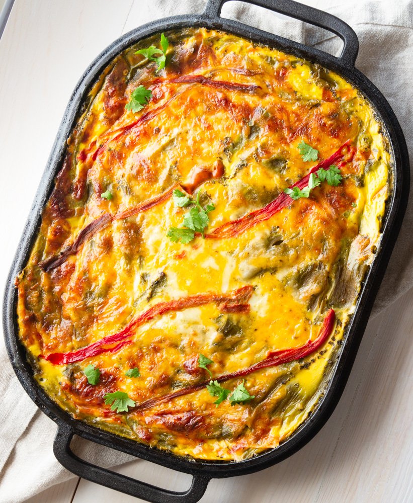 Hatch Green Chile Casserole in a cast iron pan